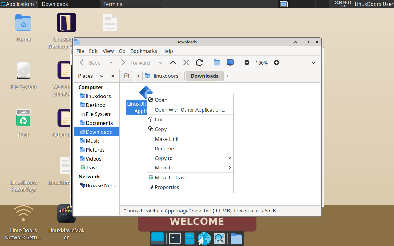Right-clicking an AppImage in Caja shows a context menu with Properties at the bottom
