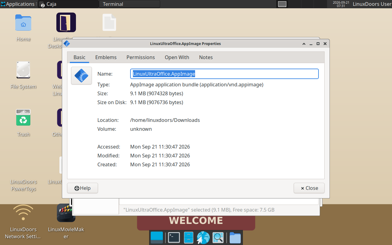 The Properties dialog in Caja, showing Basic, Emblems, Permissions, Open With and Notes tabs