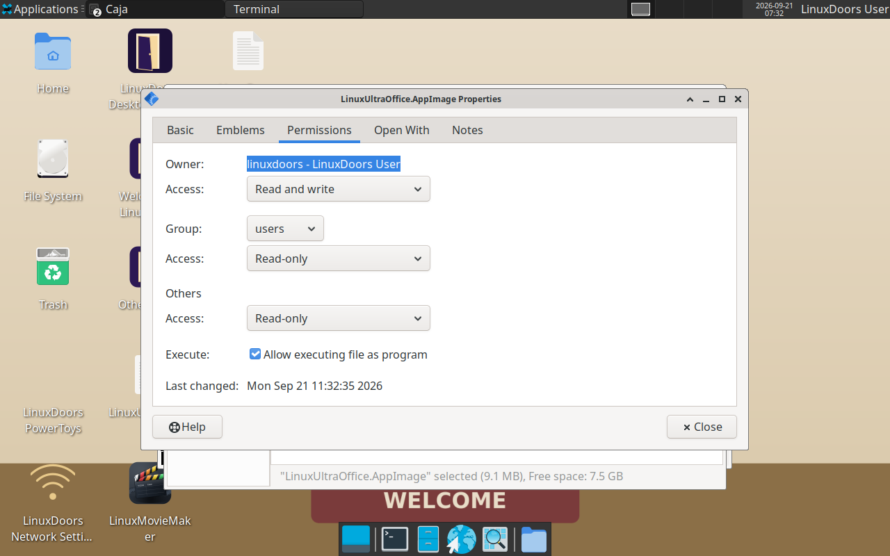 The same Permissions tab in Caja with the Allow executing file as program checkbox now checked